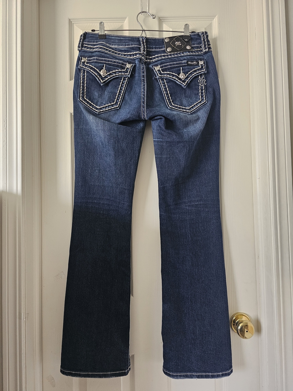 MissMe Wms Loose Saddle Stitch Border Bootcut Low-Rise Stretch Indigo Blue Sz 31 - Picture 4 of 16